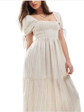 ASOS Cream Striped Smocked Square-Neck Maxi Dress